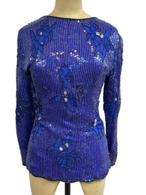 Beaded Royal Blue Sequin Floral Top VTG SM Elegant Maximalism Embellished